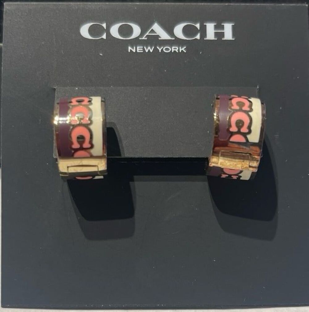 Coach Signature C Huggie Earrings - Pink, Burgundy New